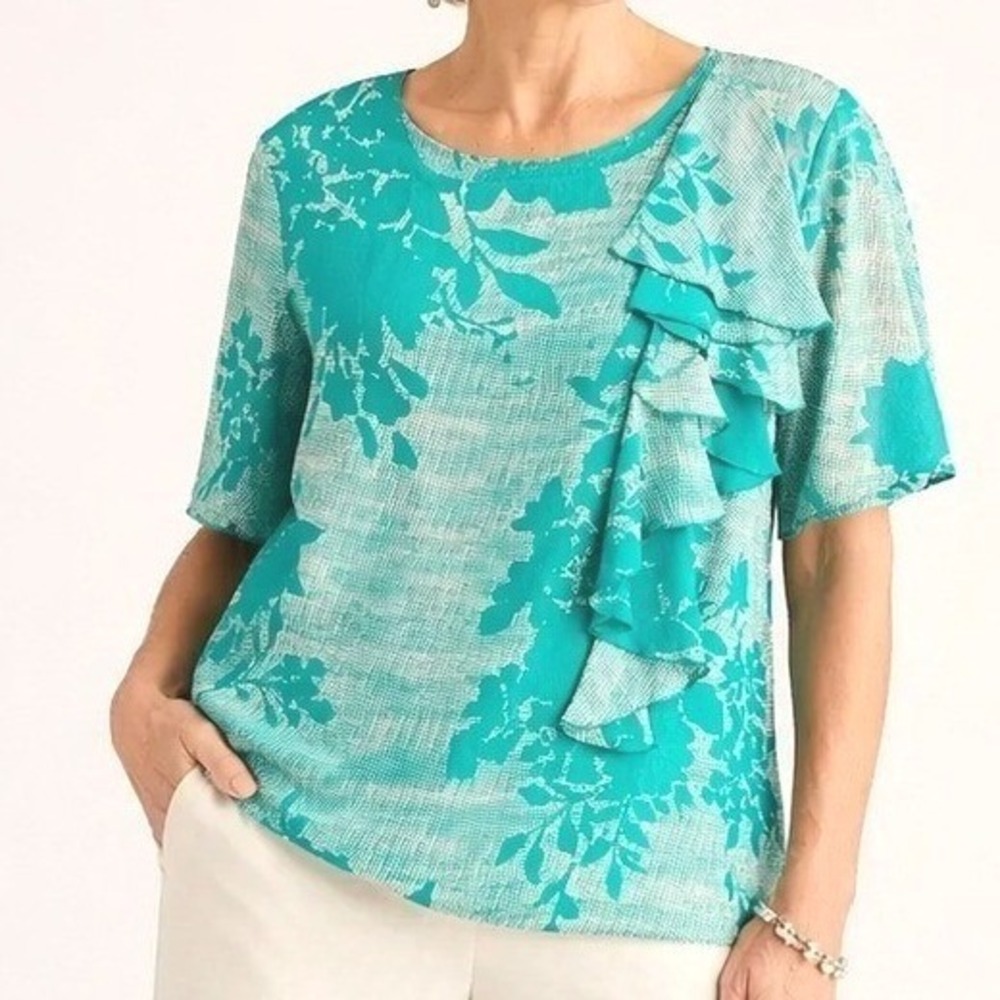 Ann Taylor Women Silk Ruffle Front Blouse S Turquoise‎ Floral Short Sleeve Top